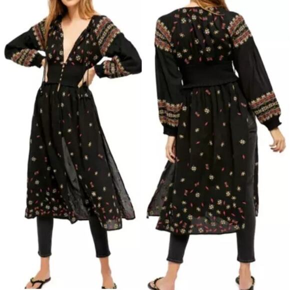 Free People NWT Mykonos Embroidered Open Front Duster Dress Black Women's Large - Picture 1 of 12